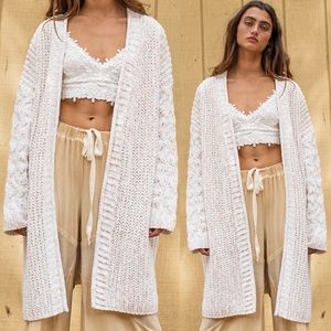 Long Open Front Cable Knit Ribbed Cardigan
